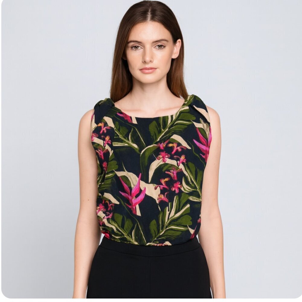 Unsubscribed linen twist shoulder top blouse size XS night sea print NWT